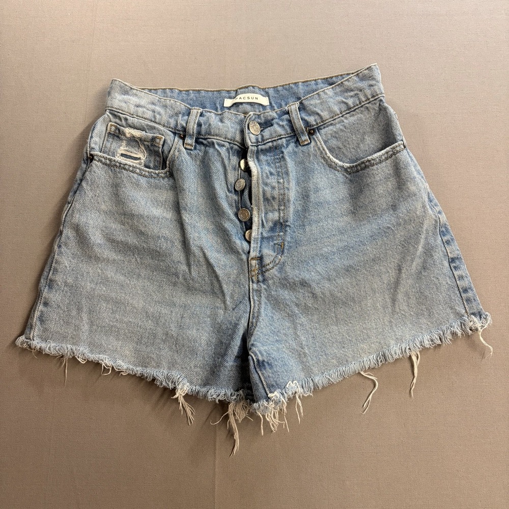 PacSun High Rise Icon Denim Shorts Women’s 26 Button Fly Frayed Raw Hem Blue